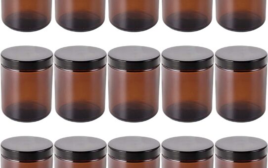 Bekith 15 Pack 260ml Amber Round Glass Jars Empty Refillable Jars with Plastic Lids for DIY Candle Homemade Facial Cream Essential Oils Travel